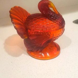 Vintage LE Smith glass turkey amberina red orange glowing glass lidded covered c